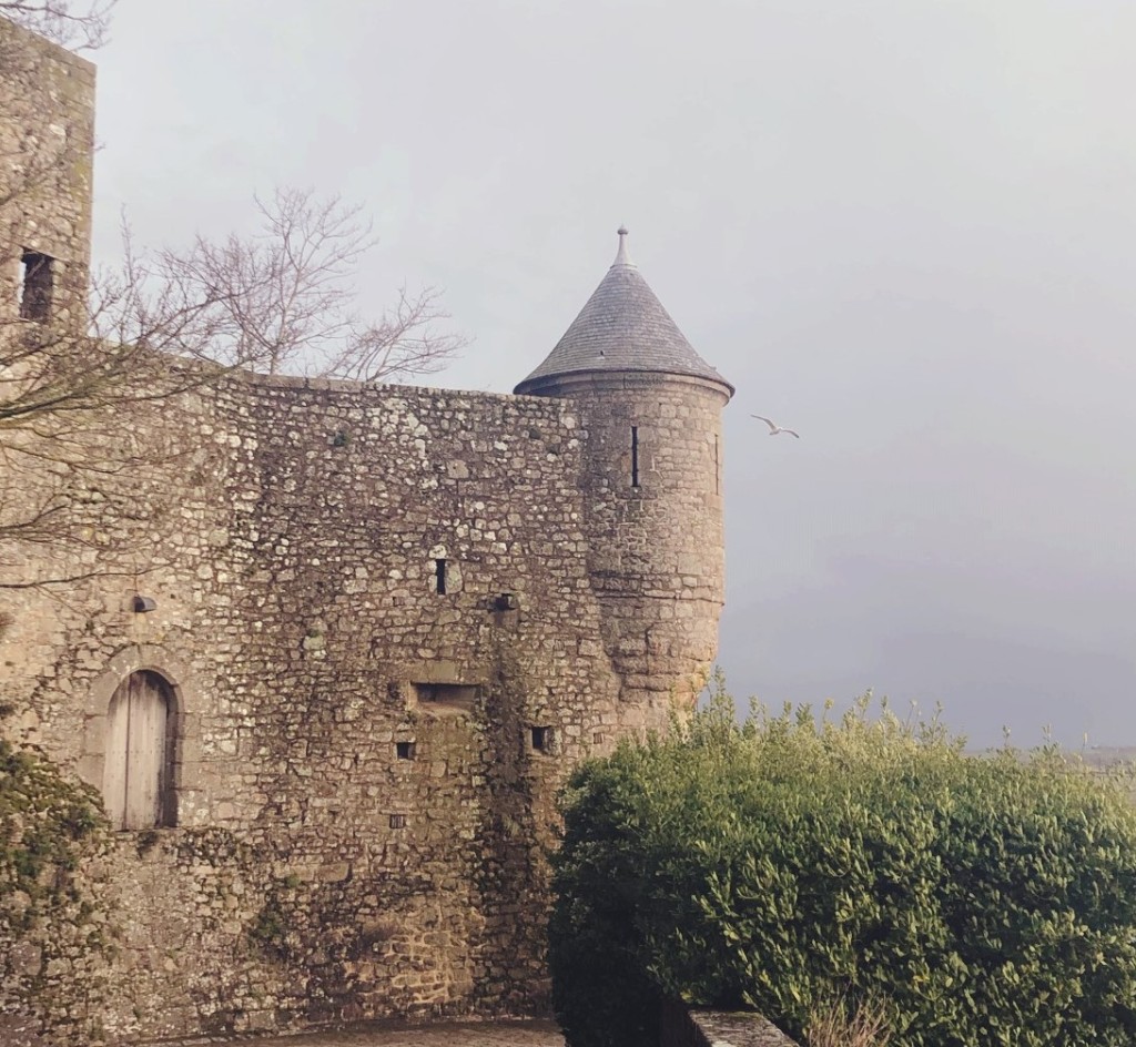 Cloudy view of stone Medieval architecture surrounded by trees